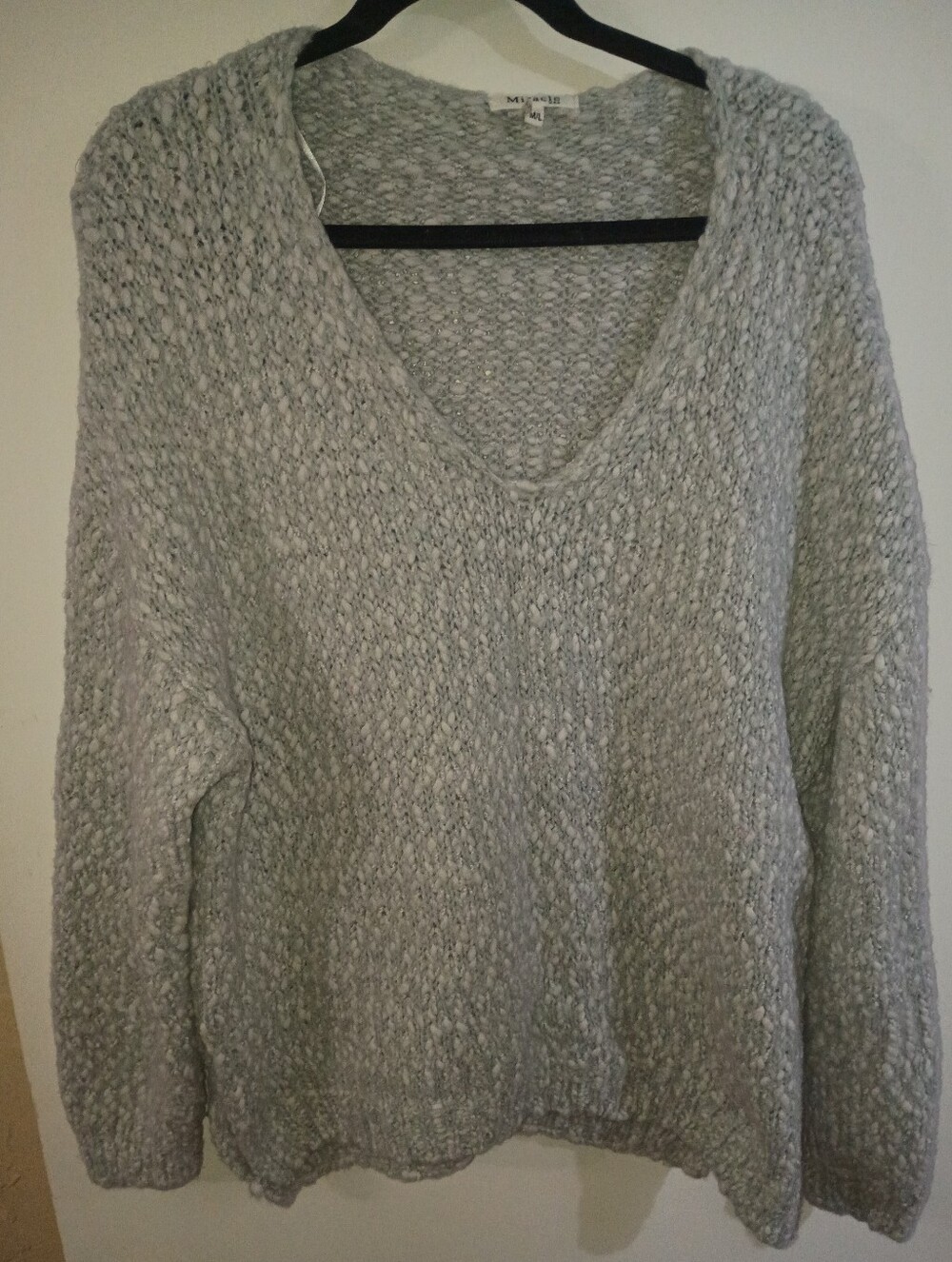 Miracle U.S.A. Gray Chunky Knit V-Neck Sweater - M/L Oversized